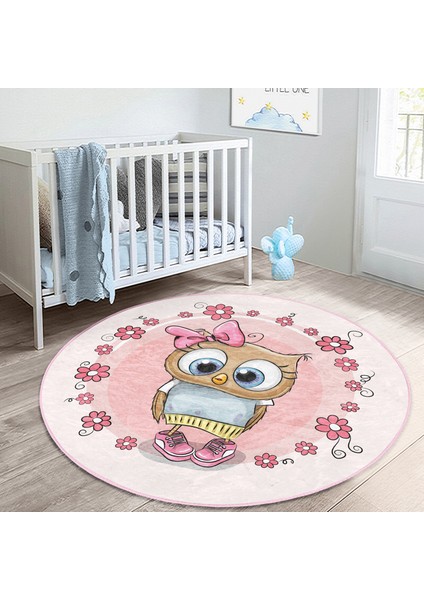 Kurdeleli Sevimli Baykuş Çocuk & Genç Odası Makinede Yıkanabilir Kaymaz Tabanlı Yuvarlak Çocuk Halısı