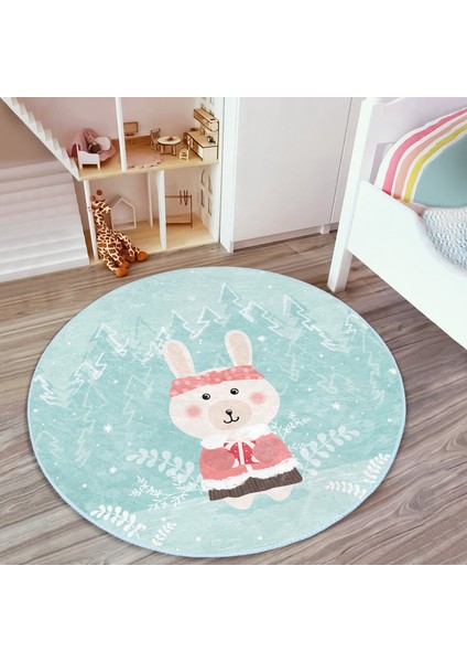 Christmas Ayıcık Desenli Çocuk & Genç Odası Makinede Yıkanabilir Kaymaz Tabanlı Yuvarlak Çocuk Halısı