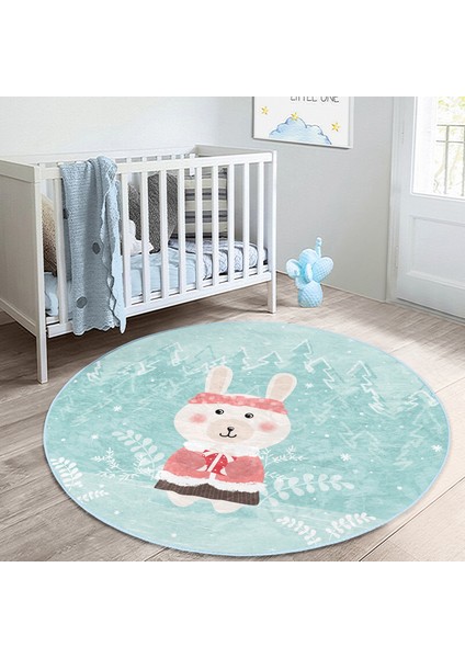 Christmas Ayıcık Desenli Çocuk & Genç Odası Makinede Yıkanabilir Kaymaz Tabanlı Yuvarlak Çocuk Halısı