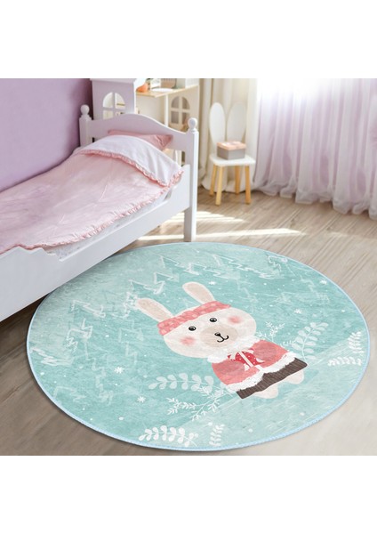 Christmas Ayıcık Desenli Çocuk & Genç Odası Makinede Yıkanabilir Kaymaz Tabanlı Yuvarlak Çocuk Halısı