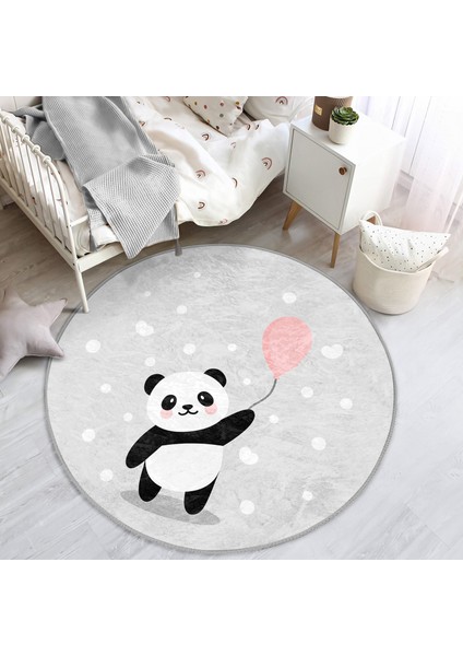 Balon Tutan Panda Desenli Çocuk & Genç Odası Makinede Yıkanabilir Kaymaz Tabanlı Yuvarlak Çocuk Halısı