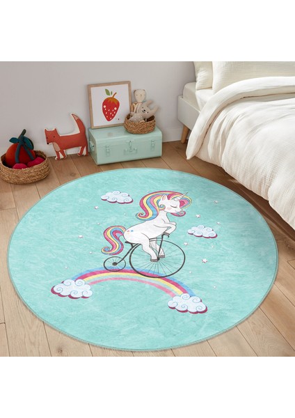Bisiklete Binmiş Unicorn Desenli Çocuk & Genç Odası Makinede Yıkanabilir Kaymaz Tabanlı Yuvarlak Çocuk Halısı