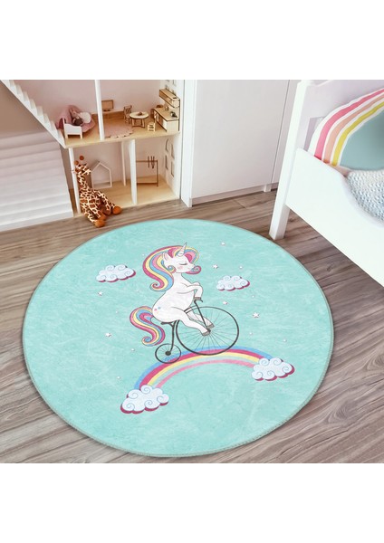 Bisiklete Binmiş Unicorn Desenli Çocuk & Genç Odası Makinede Yıkanabilir Kaymaz Tabanlı Yuvarlak Çocuk Halısı fiyatları