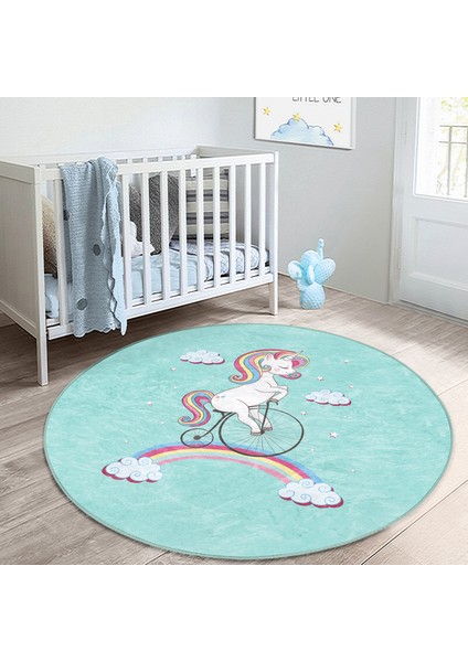 Bisiklete Binmiş Unicorn Desenli Çocuk & Genç Odası Makinede Yıkanabilir Kaymaz Tabanlı Yuvarlak Çocuk Halısı modelleri