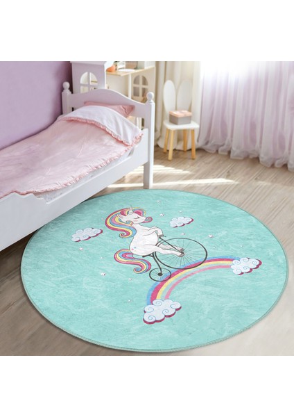 Bisiklete Binmiş Unicorn Desenli Çocuk & Genç Odası Makinede Yıkanabilir Kaymaz Tabanlı Yuvarlak Çocuk Halısı indirimleri