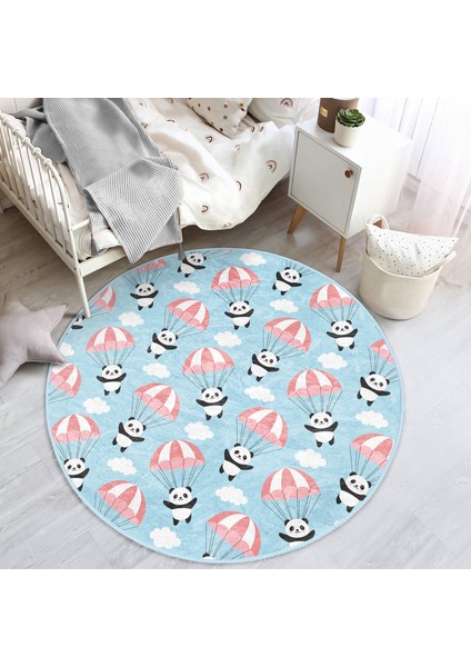 Paraşütlü Panda Motifli Çocuk & Genç Odası Makinede Yıkanabilir Kaymaz Tabanlı Yuvarlak Çocuk Halısı modelleri