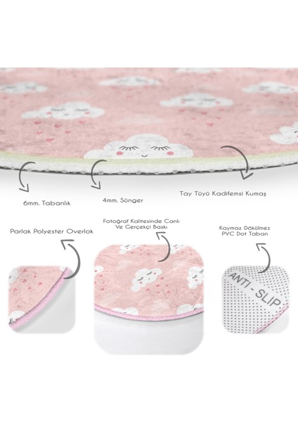 Bulut Desenli Çocuk & Genç Odası Makinede Yıkanabilir Kaymaz Tabanlı Yuvarlak Çocuk Halısı