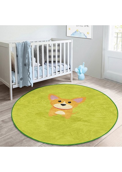 Köpek Desenli Çocuk & Genç Odası Makinede Yıkanabilir Kaymaz Tabanlı Yuvarlak Çocuk Halısı