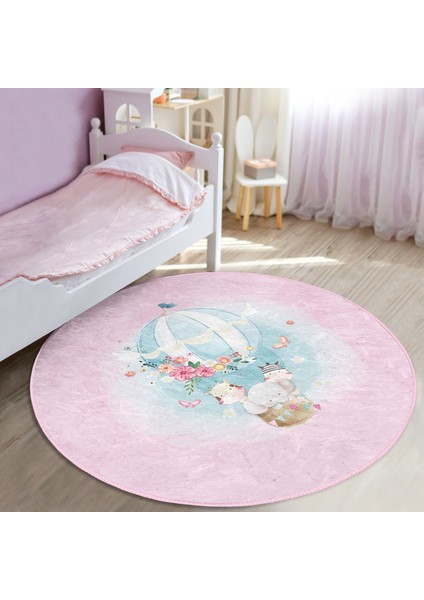 Pembe Zeminde Uçan Balon Desenli Çocuk & Genç Odası Makinede Yıkanabilir Kaymaz Tabanlı Yuvarlak Çocuk Halısı
