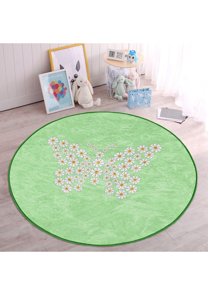 Yeşil Zemin Papatyadan Kelebek Tasarımlı Çocuk & Genç Odası Makinede Yıkanabilir Kaymaz Tabanlı Yuvarlak Çocuk Halısı fiyatları
