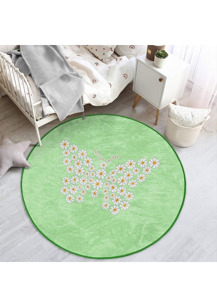 Yeşil Zemin Papatyadan Kelebek Tasarımlı Çocuk & Genç Odası Makinede Yıkanabilir Kaymaz Tabanlı Yuvarlak Çocuk Halısı modelleri