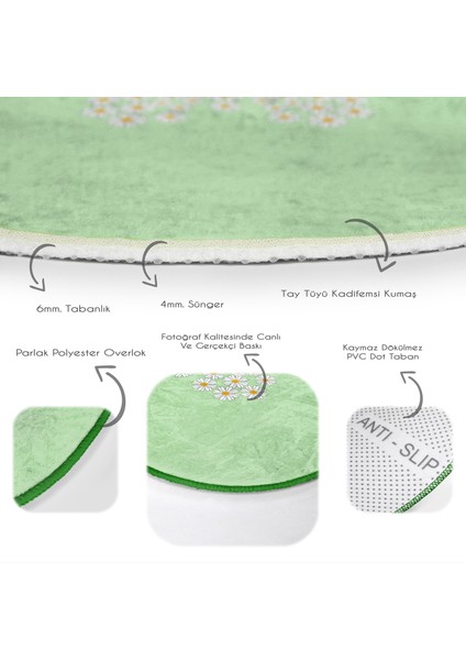 Yeşil Zemin Papatyadan Kelebek Tasarımlı Çocuk & Genç Odası Makinede Yıkanabilir Kaymaz Tabanlı Yuvarlak Çocuk Halısı fırsatları