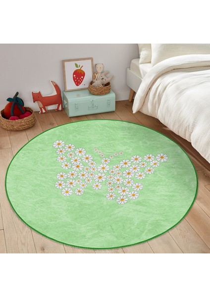 Yeşil Zemin Papatyadan Kelebek Tasarımlı Çocuk & Genç Odası Makinede Yıkanabilir Kaymaz Tabanlı Yuvarlak Çocuk Halısı indirimleri