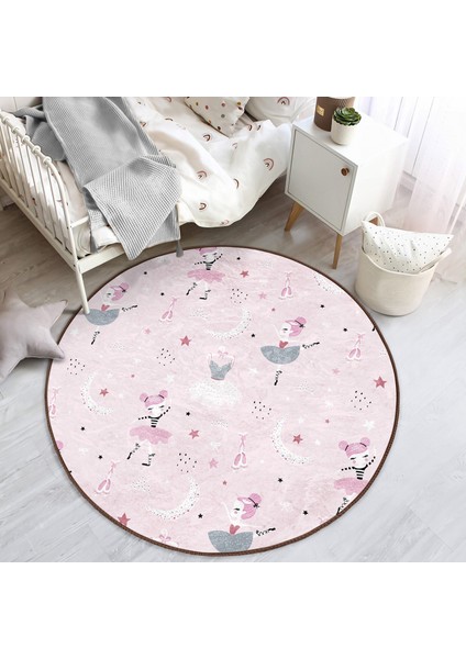 Pembe Zeminde Balerin Desenli Çocuk & Genç Odası Makinede Yıkanabilir Kaymaz Tabanlı Yuvarlak Çocuk Halısı