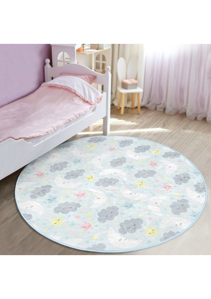 Uyku Temalı Sevimli Ay ve Yıldızlar Çocuk & Genç Odası Makinede Yıkanabilir Kaymaz Tabanlı Yuvarlak Çocuk Halısı