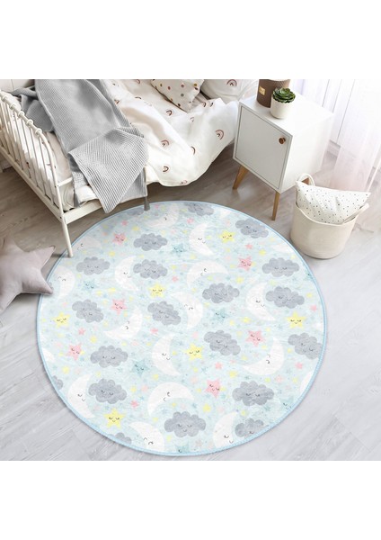 Uyku Temalı Sevimli Ay ve Yıldızlar Çocuk & Genç Odası Makinede Yıkanabilir Kaymaz Tabanlı Yuvarlak Çocuk Halısı modelleri