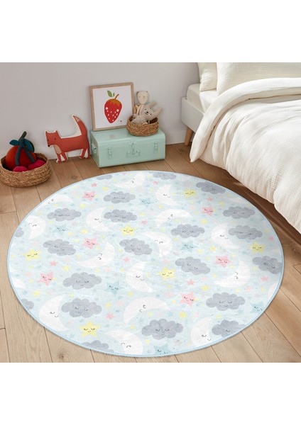 Uyku Temalı Sevimli Ay ve Yıldızlar Çocuk & Genç Odası Makinede Yıkanabilir Kaymaz Tabanlı Yuvarlak Çocuk Halısı indirimleri