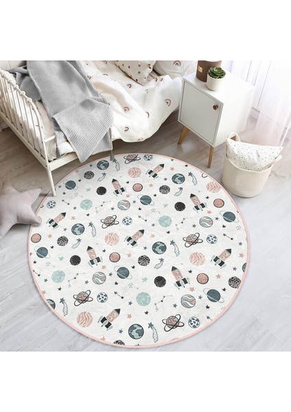 Uzay Temalı Gezegen ve Roket Desenli Çocuk & Genç Odası Makinede Yıkanabilir Kaymaz Tabanlı Yuvarlak Çocuk Halısı