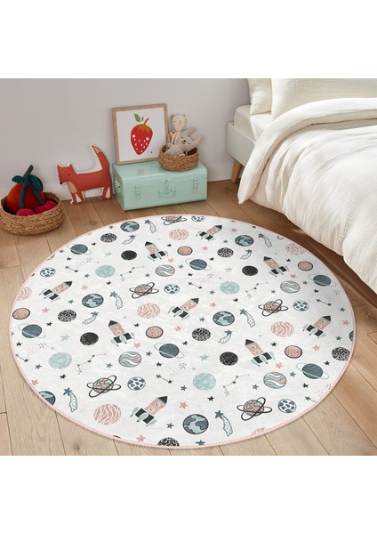 Uzay Temalı Gezegen ve Roket Desenli Çocuk & Genç Odası Makinede Yıkanabilir Kaymaz Tabanlı Yuvarlak Çocuk Halısı fiyatları