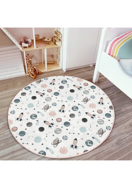 Uzay Temalı Gezegen ve Roket Desenli Çocuk & Genç Odası Makinede Yıkanabilir Kaymaz Tabanlı Yuvarlak Çocuk Halısı modelleri