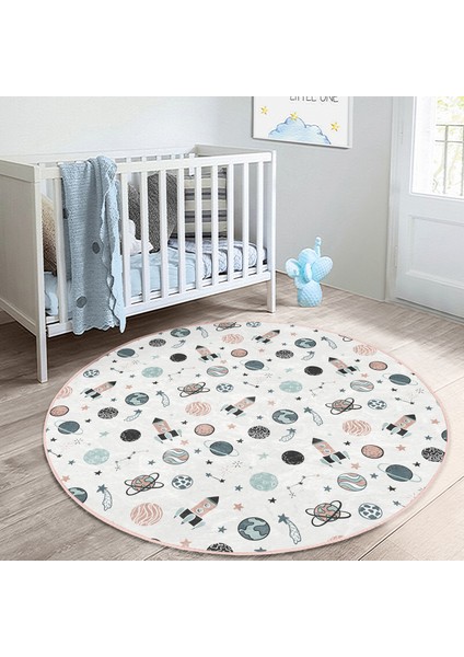 Uzay Temalı Gezegen ve Roket Desenli Çocuk & Genç Odası Makinede Yıkanabilir Kaymaz Tabanlı Yuvarlak Çocuk Halısı indirimleri
