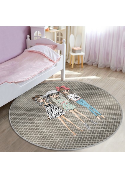 Fashion Girls Çocuk & Genç Odası Makinede Yıkanabilir Kaymaz Tabanlı Yuvarlak Çocuk Halısı
