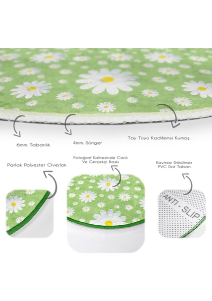 Yeşil Zeminde Papatya Desenli Çocuk & Genç Odası Makinede Yıkanabilir Kaymaz Tabanlı Yuvarlak Çocuk Halısı