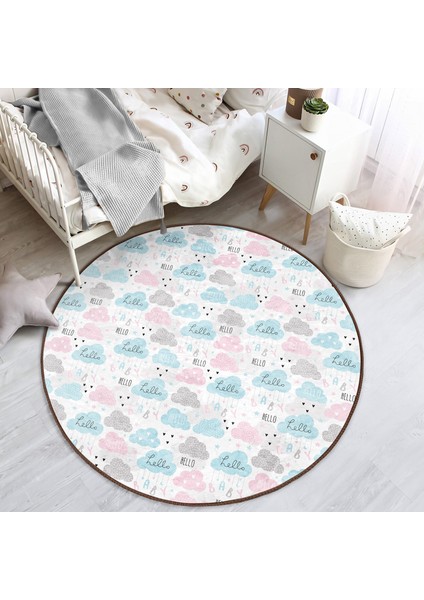 Hello Baby Renkli Bulutlar Çocuk & Genç Odası Makinede Yıkanabilir Kaymaz Tabanlı Yuvarlak Çocuk Halısı