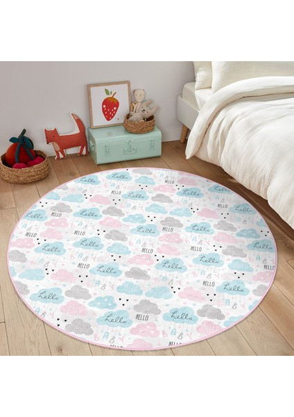 Hello Baby Renkli Bulutlar Çocuk & Genç Odası Makinede Yıkanabilir Kaymaz Tabanlı Yuvarlak Çocuk Halısı fiyatları