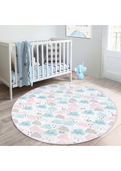 Hello Baby Renkli Bulutlar Çocuk & Genç Odası Makinede Yıkanabilir Kaymaz Tabanlı Yuvarlak Çocuk Halısı indirimleri