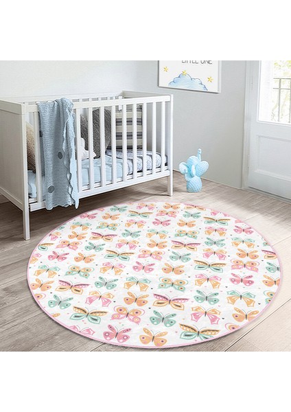 Renkli Kelebek Tasarımlı Çocuk & Genç Odası Makinede Yıkanabilir Kaymaz Tabanlı Yuvarlak Çocuk Halısı