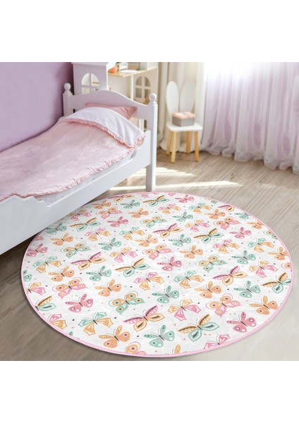 Renkli Kelebek Tasarımlı Çocuk & Genç Odası Makinede Yıkanabilir Kaymaz Tabanlı Yuvarlak Çocuk Halısı fiyatları