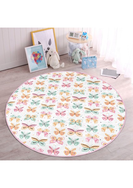 Renkli Kelebek Tasarımlı Çocuk & Genç Odası Makinede Yıkanabilir Kaymaz Tabanlı Yuvarlak Çocuk Halısı modelleri