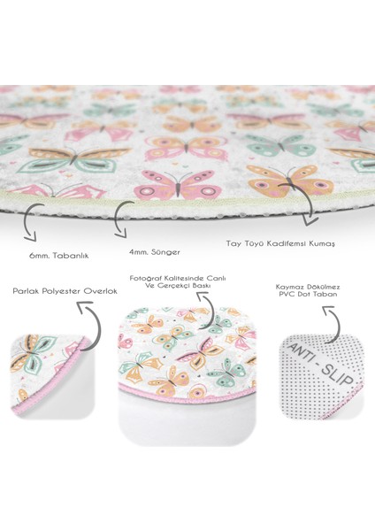 Renkli Kelebek Tasarımlı Çocuk & Genç Odası Makinede Yıkanabilir Kaymaz Tabanlı Yuvarlak Çocuk Halısı fırsatları