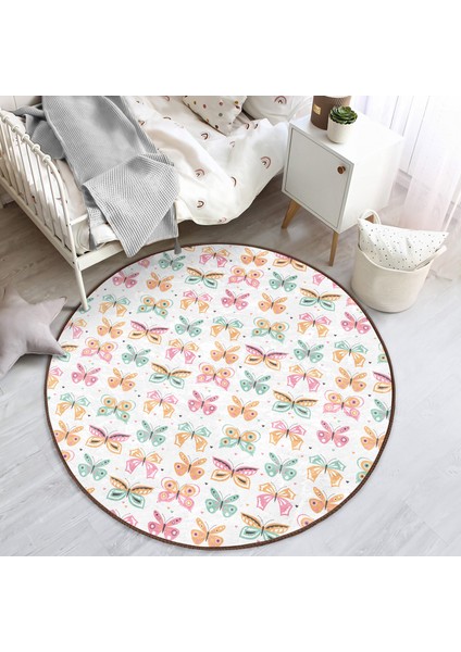 Renkli Kelebek Tasarımlı Çocuk & Genç Odası Makinede Yıkanabilir Kaymaz Tabanlı Yuvarlak Çocuk Halısı indirimleri