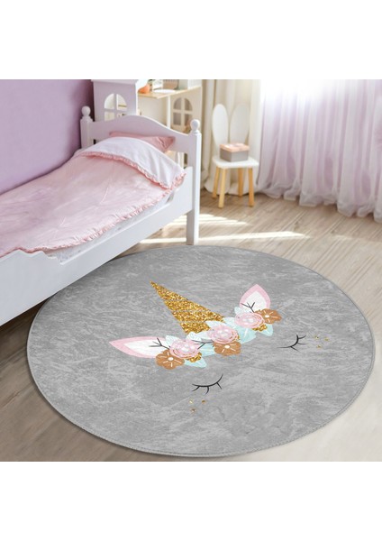 Gri Zeminde Magic Unicorn Tasarımlı Çocuk & Genç Odası Makinede Yıkanabilir Kaymaz Tabanlı Yuvarlak Çocuk Halısı