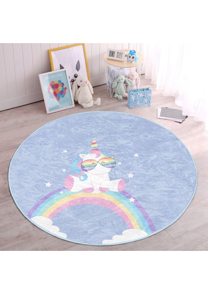 Unicorn Party Yazılı Çocuk & Genç Odası Makinede Yıkanabilir Kaymaz Tabanlı Yuvarlak Çocuk Halısı fiyatları