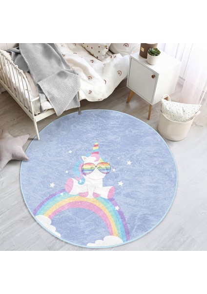 Unicorn Party Yazılı Çocuk & Genç Odası Makinede Yıkanabilir Kaymaz Tabanlı Yuvarlak Çocuk Halısı modelleri