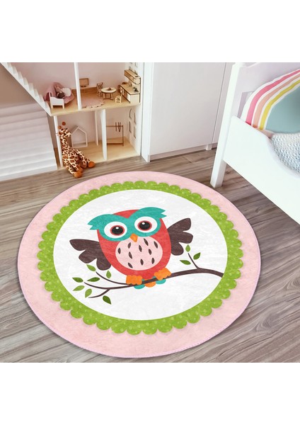 Baykuş Desenli Çocuk & Genç Odası Makinede Yıkanabilir Kaymaz Tabanlı Yuvarlak Çocuk Halısı