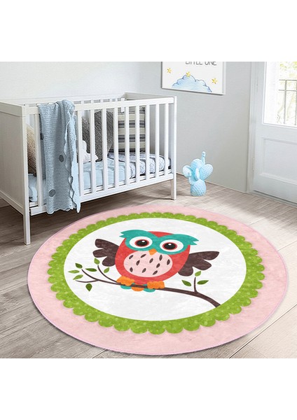 Baykuş Desenli Çocuk & Genç Odası Makinede Yıkanabilir Kaymaz Tabanlı Yuvarlak Çocuk Halısı