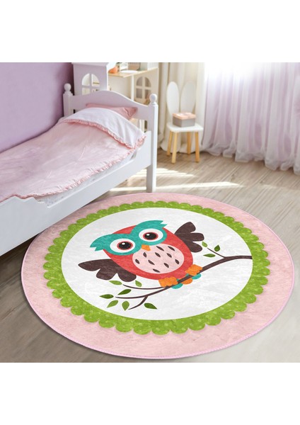 Baykuş Desenli Çocuk & Genç Odası Makinede Yıkanabilir Kaymaz Tabanlı Yuvarlak Çocuk Halısı