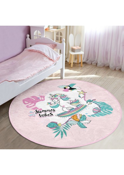 Pembe Zemin Tatil Temalı Unicorn Desenli Çocuk & Genç Odası Makinede Yıkanabilir Kaymaz Tabanlı Yuvarlak Çocuk Halısı indirimleri