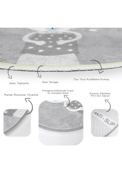 Gri Zeminde Ayıcık Tasarımlı Çocuk & Genç Odası Makinede Yıkanabilir Kaymaz Tabanlı Yuvarlak Çocuk Halısı