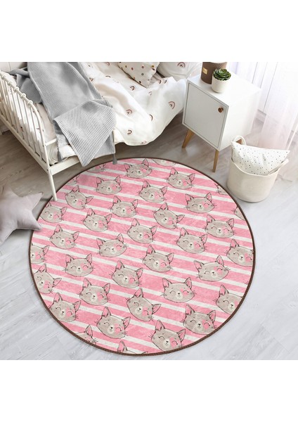 Pembe Çizgi Üzerinde Kedicikler Çocuk & Genç Odası Makinede Yıkanabilir Kaymaz Tabanlı Yuvarlak Çocuk Halısı