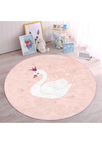 Pembe Zeminli Kuğu Desenli Çocuk & Genç Odası Makinede Yıkanabilir Kaymaz Tabanlı Yuvarlak Çocuk Halısı fiyatları