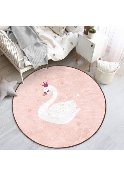 Pembe Zeminli Kuğu Desenli Çocuk & Genç Odası Makinede Yıkanabilir Kaymaz Tabanlı Yuvarlak Çocuk Halısı modelleri