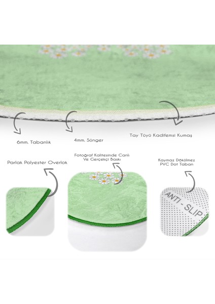 Yeşil Zemin Papatyadan Kelebek Tasarımlı Çocuk & Genç Odası Makinede Yıkanabilir Kaymaz Tabanlı Yuvarlak Çocuk Halısı