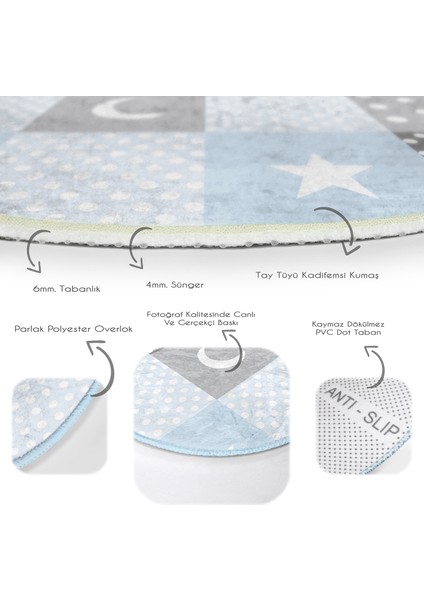 Renkli Kareler Geometrik Tasarımlı Çocuk & Genç Odası Makinede Yıkanabilir Kaymaz Tabanlı Yuvarlak Çocuk Halısı