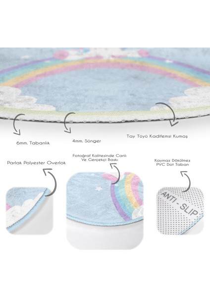 Mavi Zeminde Unicorn Tasarımlı Çocuk & Genç Odası Makinede Yıkanabilir Kaymaz Tabanlı Yuvarlak Çocuk Halısı