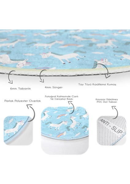 Mavi Zeminde Unicorn Desenli Çocuk & Genç Odası Makinede Yıkanabilir Kaymaz Tabanlı Yuvarlak Çocuk Halısı